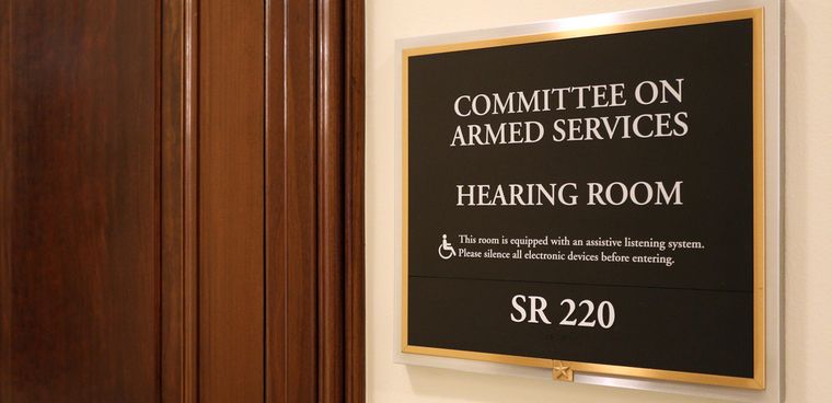 Editorial credit: Katherine Welles / Shutterstock.com A sign at the entrance to a Senate Armed Services Committee hearing room in Washington, DC on July 18, 2017.
