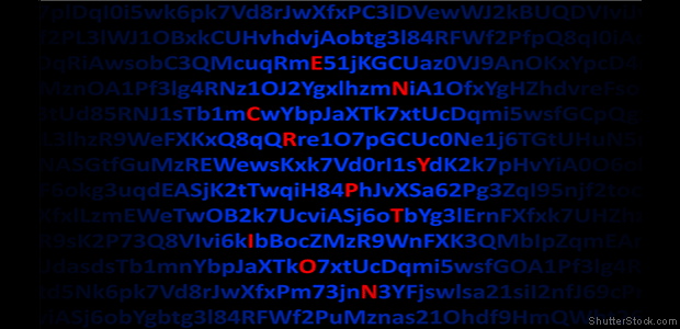 Letters of word encryption highlighted on text background