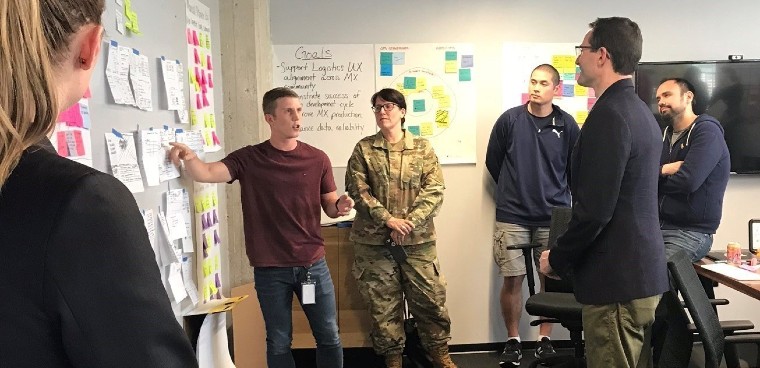 A coding team with the Air Force Business Enterprise Systems Directorate discusses a mobile app they are developing for the Air Force during a huddle in Atlanta. 	08.20.2019
