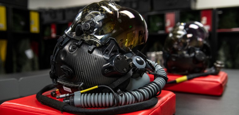 High tech helmets with display visor designed to work with the F-35 Lightning II (U.S. Air Force photo by Senior Airman Erica Webster)