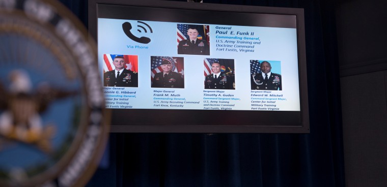 Army leaders speak via telephone about the impact of coronavirus on recruiting and accessions, at the Pentagon Press Briefing Room, Washington, D.C, April 6, 2020