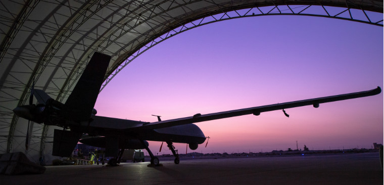 U.S. Air Force MQ-9 Reaper remotely piloted aircraft awaits an engine test prior to Intelligence, Surveillance, and Reconnaissance operations at Ali Al Salem Air Base, Kuwait, July 23, 2019. (U.S. Air Force Photo by Tech. Sgt. Michael Mason)