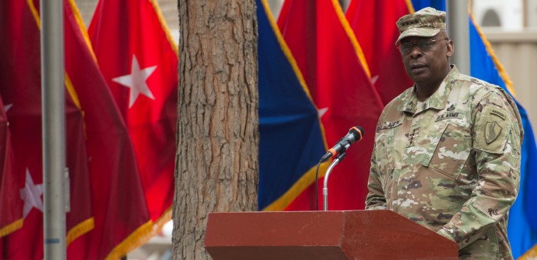 Army Gen. Lloyd J. Austin III, canter, commander of U.S. Central Command, addresses the audience during the Resolute Support change of command ceremony in Kabul, Afghanistan, March 2, 2016.
