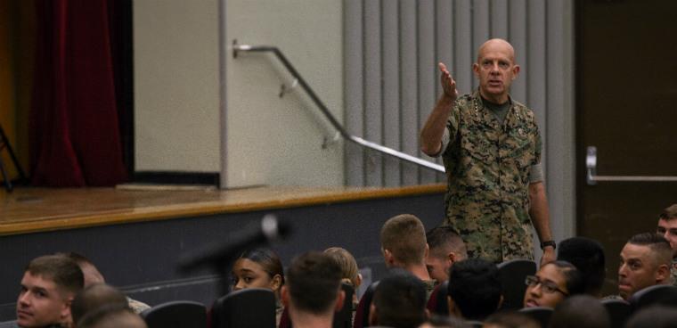 Commandant of the Marine Corps Gen. David H. Berger addresses Marines and Sailors during a town hall visit at Marine Corps Base Camp Foster, Okinawa, Japan, Aug. 22, 2019.  Photo by Lance Cpl. Hannah Hall