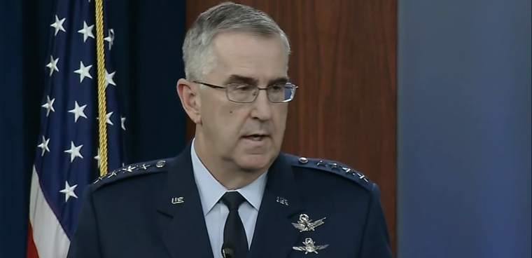 Air Force Gen. John Hyten, the vice chairman of the Joint Chiefs of Staff briefs reporters April 22, 2020