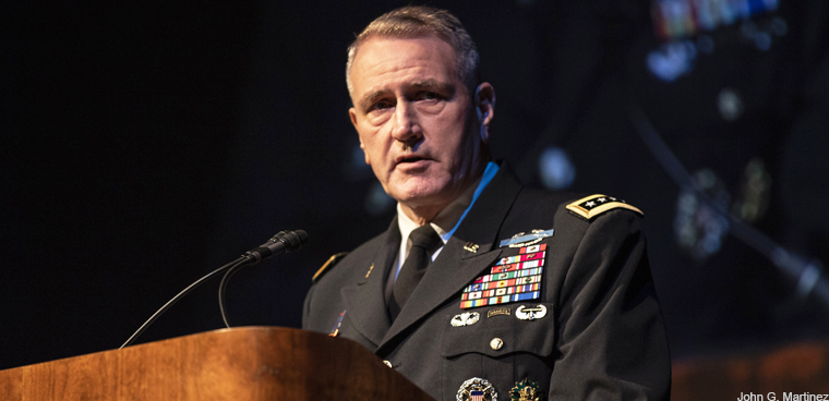 Gen. John M. Murray, Army Futures Command commanding general, spoke about the Army's modernization priorities and multi-domain operation during the Association of the U.S. Army's Global Force Symposium in Huntsville, Ala., March 26, 2019. (Photo Credit: Mr. John G. Martinez)