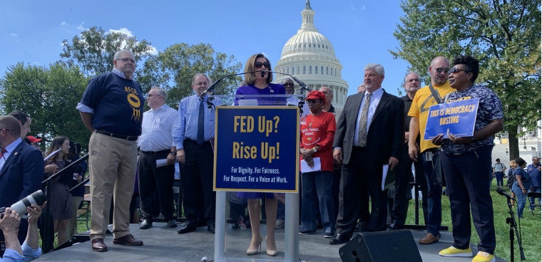 Nancy Pelosi addresses a union rally on Capitol Hill. Sept. 24, 2019. FCW photo by Lia Russell