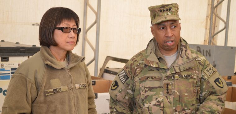 Heidi Shyu in 2013 as Assistant Secretary of the Army for Acquisition, Logistics and Technology in Kandahar with Gen. Dennis Via.  Photo by Spc. Isaac Adams