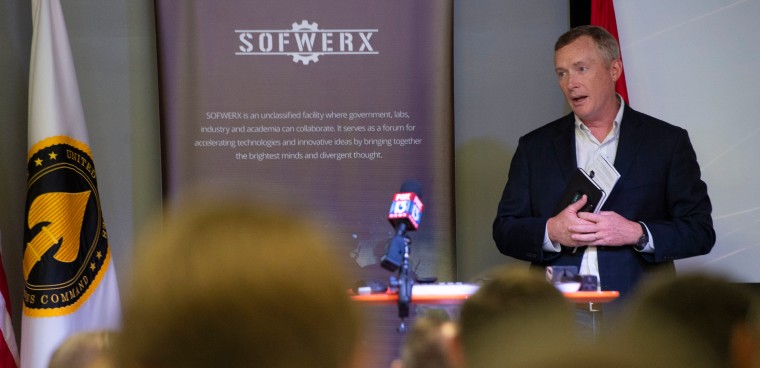 Mr. David Spirk, U.S. Special Operations Command chief data officer, speaks to an audience during the USSOCOM Data Engineering Lab grand opening ceremony in Tampa, Fla., Sept. 25, 2019. The lab is an open-concept work environment and is the Command’s outpost of a larger DoD modernization eco-system, whose goal is to foster collaboration between Special Operations Forces professionals, data scientists, data architects, software developers, systems integrators and technologists. (Photo by U.S. Air Force Master Sgt. Barry Loo)