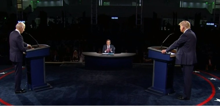 President Trump, former vice president Biden and moderator Chris Wallace at the first presidential debate 9/29/20 image from video capture