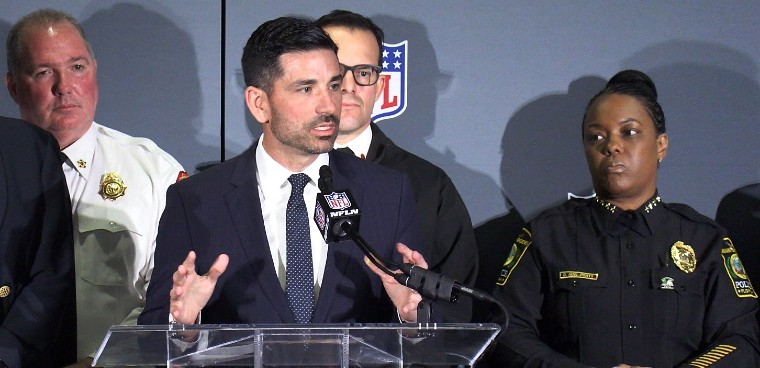 Acting Secretary of Homeland Security Chad Wolf makes opening remarks at a NFL Public Safety Press Conference with Miami-Dade Police Department and DHS Super Bowl LIV partners.  CBP photo by Dusan Ilic