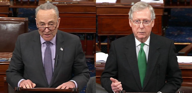 Senate Minority Leader Chuck Schumer (D-N.Y.) and Senate Majority Leader Mitch McConnell (R-Ky.), shown here on C-SPAN on Feb. 7, 2018