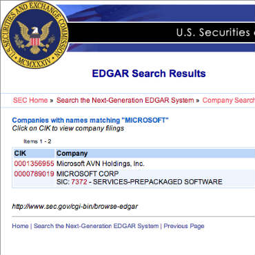 EDGAR database screenshot