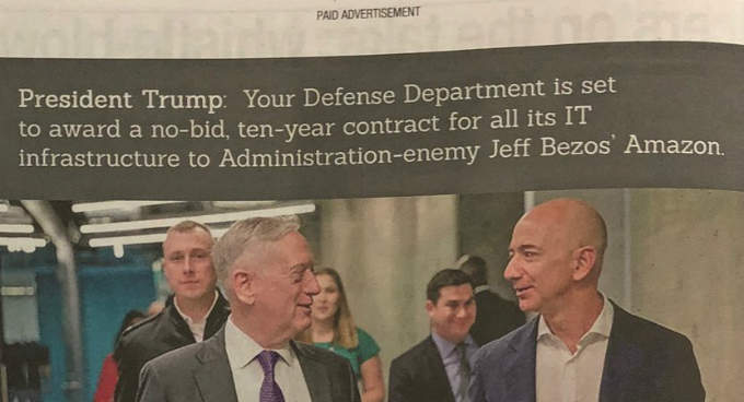 March 2018 ad from the non-profit group Less Government, calling President Trump's attention to DOD's JEDI cloud acquisition