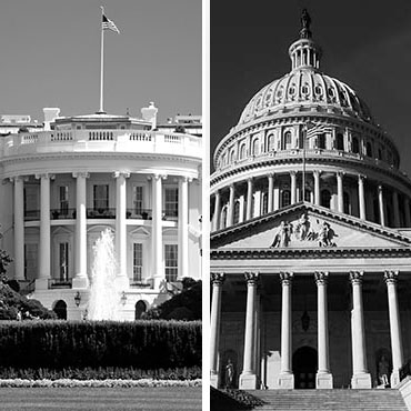Shutterstock images: The White House and U.S. Capitol Building.