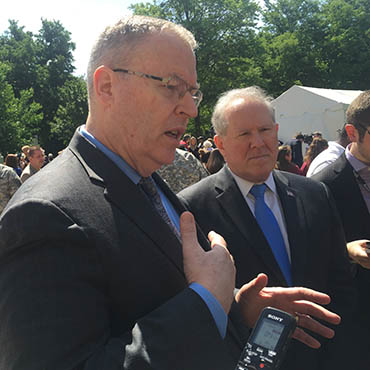 Deputy Secretary Robert Work (left) and Frank Kendall, undersecretary for acquisition, technology and logistics (right), brief reporters at the Defense Department Lab Day on May 14 at the Pentagon. 