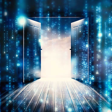 Shutterstock image (by wavebreakmedia): doors opening to data streams.