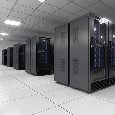 Shutterstock image: black data center with white floors and ceiling.