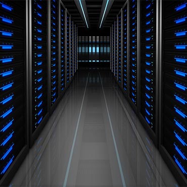 Shutterstock image: black data center with blue, glowing lights.