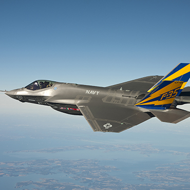 Wikimedia image: The U.S. Navy variant of the F-35 Joint Strike Fighter, the F-35C, conducts a test flight over the Chesapeake Bay.