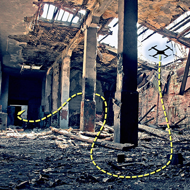 Image courtesy of www.darpa.mil: a small UAV charts a course through a collapsed building.